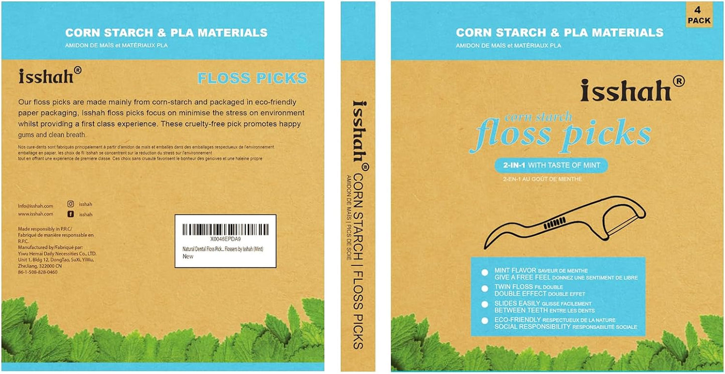Corn Starch Natural Dental Floss Picks - 200 Count - Mint | Mint Flavored Vegan Flossers. BPA Free, PETA Approved. Plant-Based 3-Inch Picks for Interdental Cleaning and Fresh Breath.