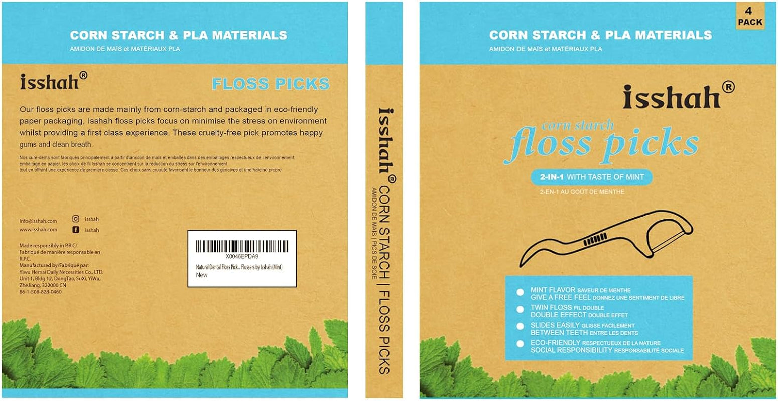 Corn Starch Natural Dental Floss Picks - 200 Count - Mint | Mint Flavored Vegan Flossers. BPA Free, PETA Approved. Plant-Based 3-Inch Picks for Interdental Cleaning and Fresh Breath.