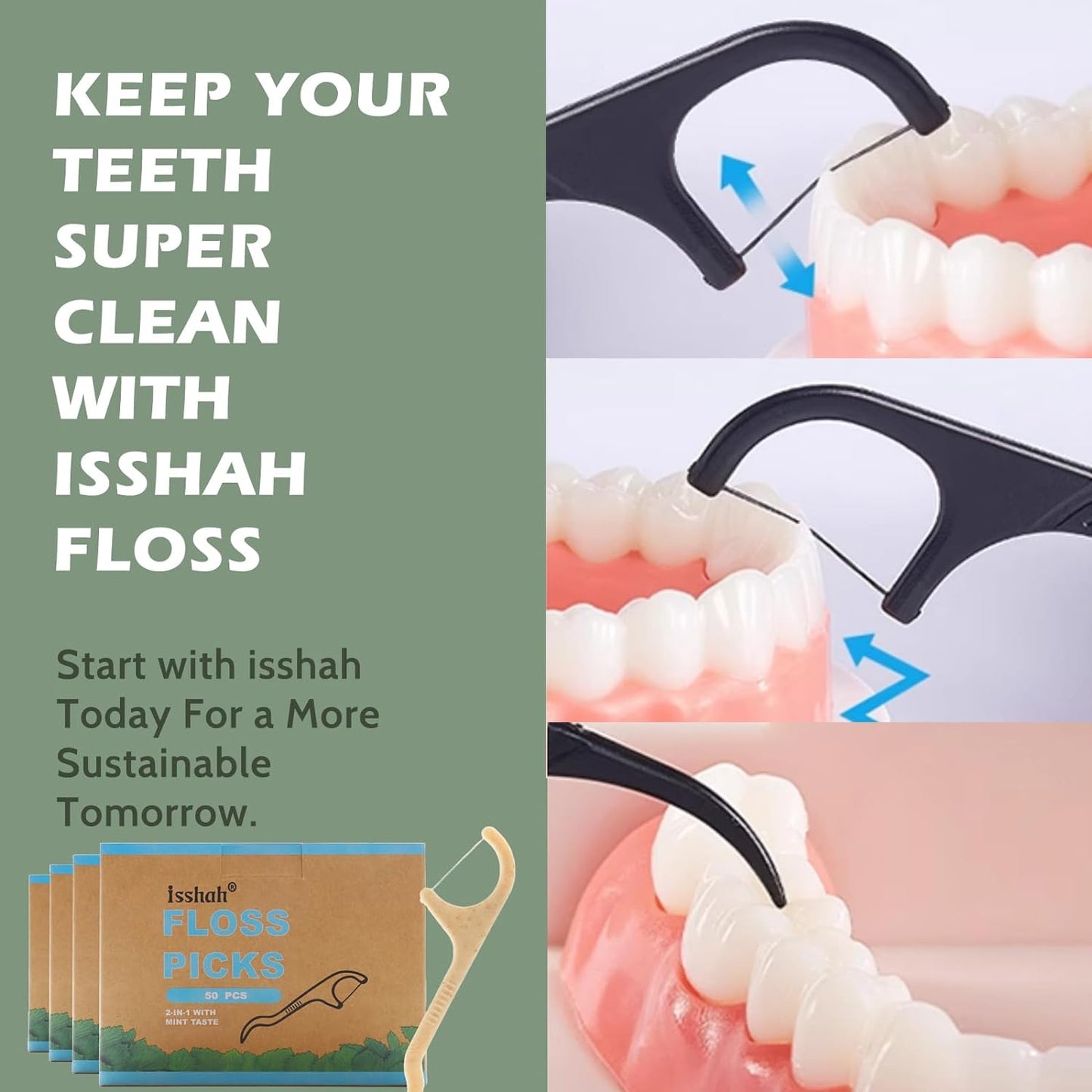 Corn Starch Natural Dental Floss Picks - 200 Count - Mint | Mint Flavored Vegan Flossers. BPA Free, PETA Approved. Plant-Based 3-Inch Picks for Interdental Cleaning and Fresh Breath.