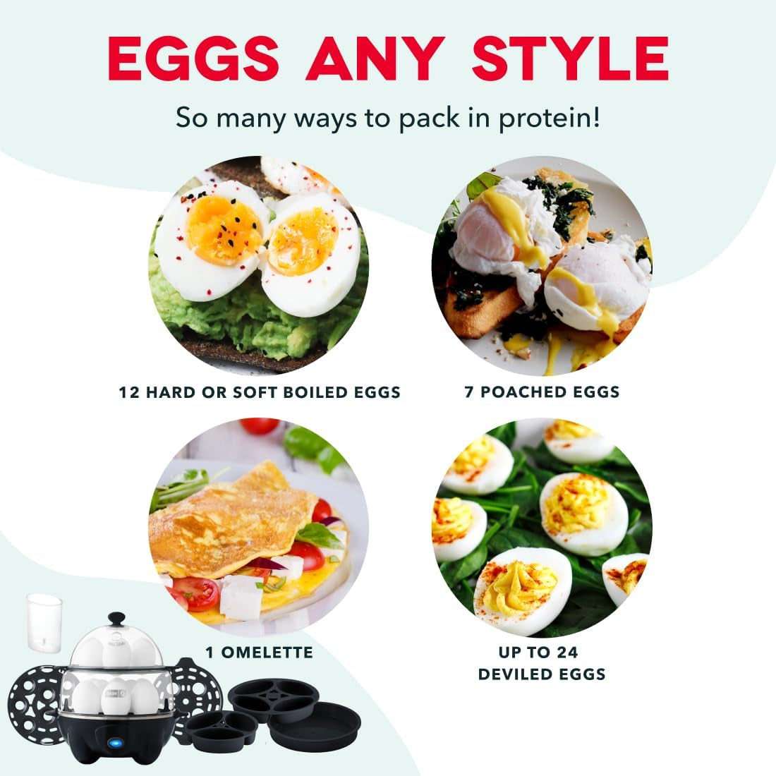 Deluxe Egg Cooker - Boiler, Poacher & Steamer - Includes Measuring & Recipe Guide - Dishwasher Safe - Holds 12 Eggs, Black