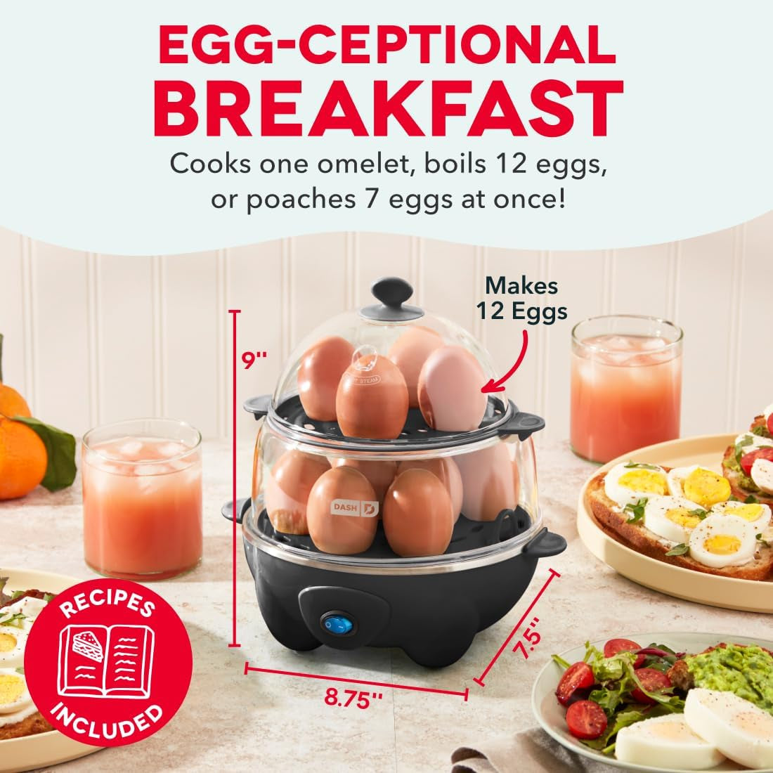 Deluxe Egg Cooker - Boiler, Poacher & Steamer - Includes Measuring & Recipe Guide - Dishwasher Safe - Holds 12 Eggs, Black
